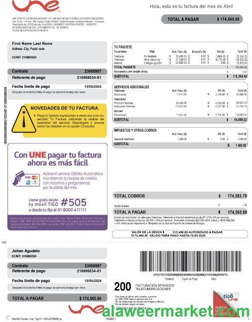 Colombia UNE EPM Telecomunicaciones PSD utility bill